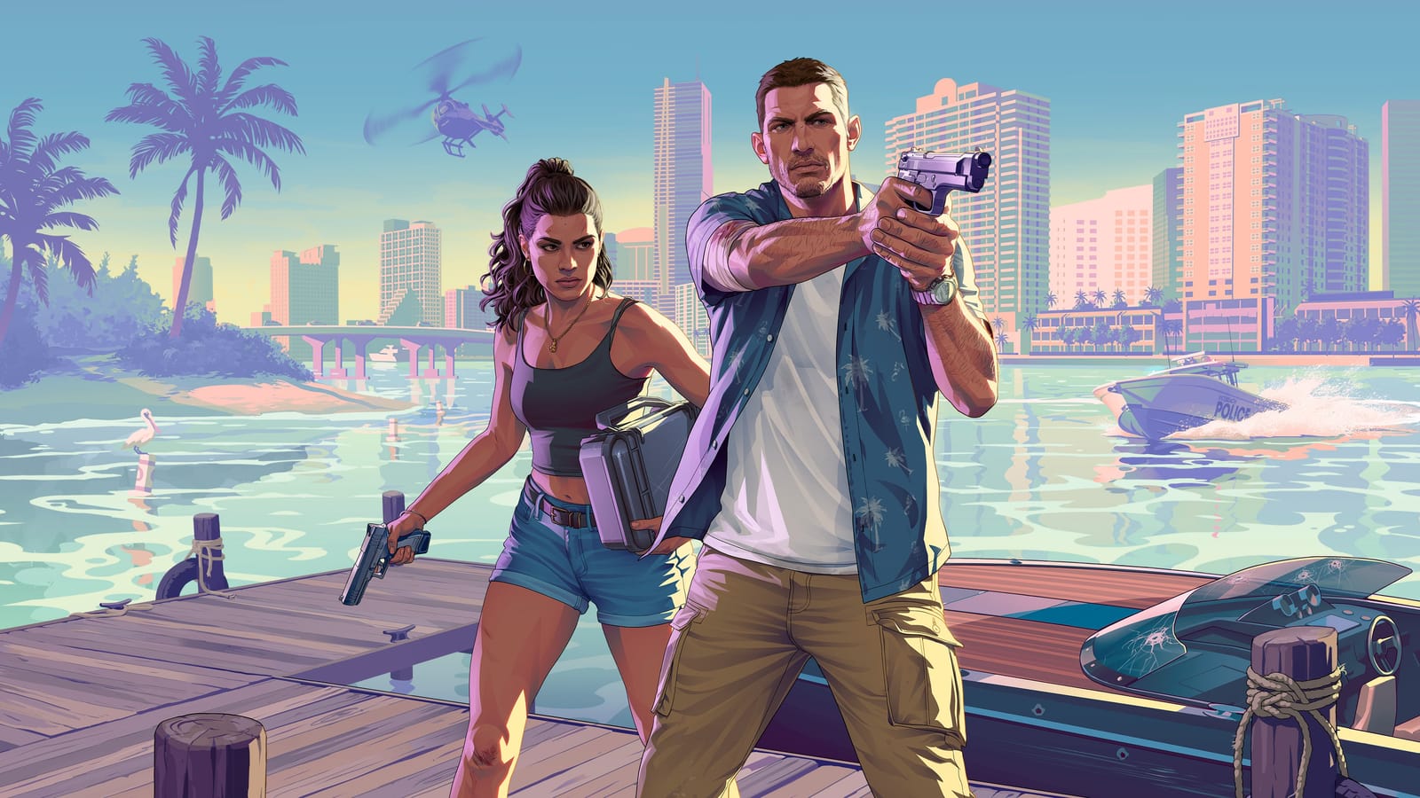 Jason و Lucia کنار خودرو در پوستر رسمی تریلر دوم GTA VI
